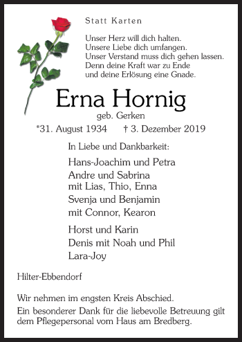 Traueranzeige von Erna Hornig von Neue Osnabrücker Zeitung GmbH & Co. KG