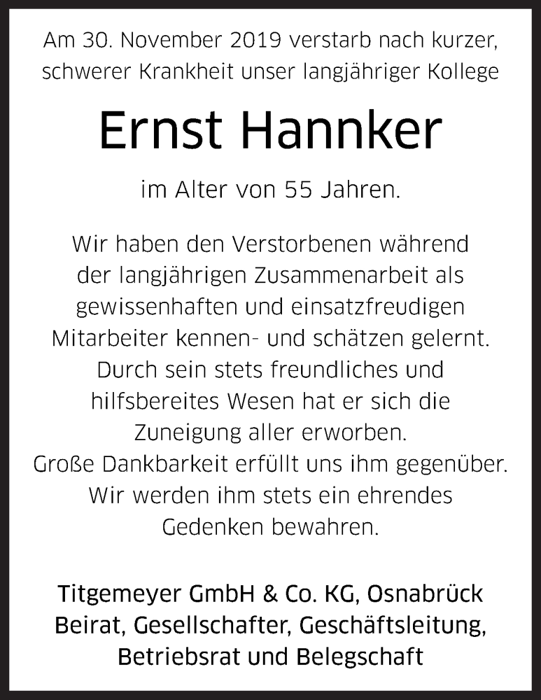  Traueranzeige für Ernst Hannker vom 04.12.2019 aus Neue Osnabrücker Zeitung GmbH & Co. KG