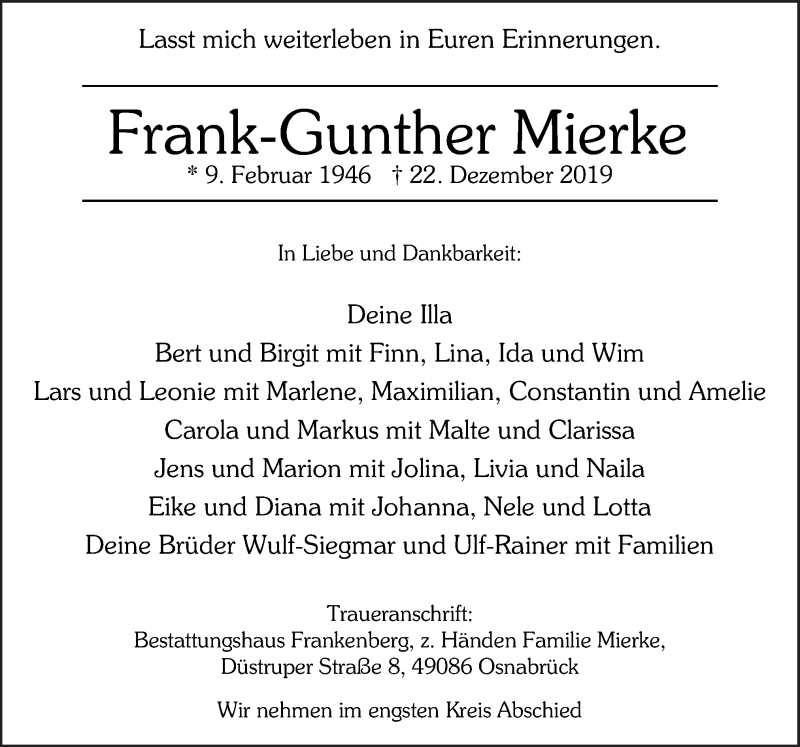  Traueranzeige für Frank-Gunther Mierke vom 28.12.2019 aus Neue Osnabrücker Zeitung GmbH & Co. KG