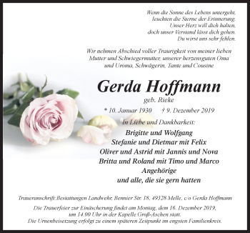 Traueranzeige von Gerda Hoffmann von Neue Osnabrücker Zeitung GmbH & Co. KG