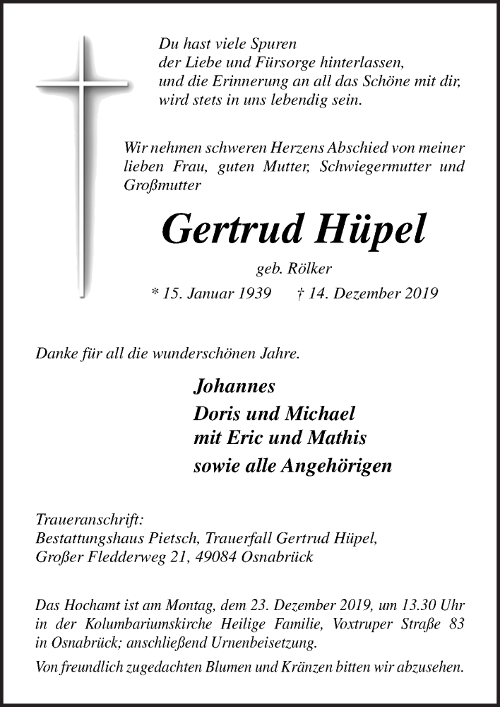  Traueranzeige für Gertrud Hüpel vom 18.12.2019 aus Neue Osnabrücker Zeitung GmbH & Co. KG