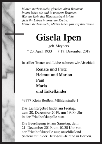 Traueranzeige von Gisela Ipen von Neue Osnabrücker Zeitung GmbH & Co. KG