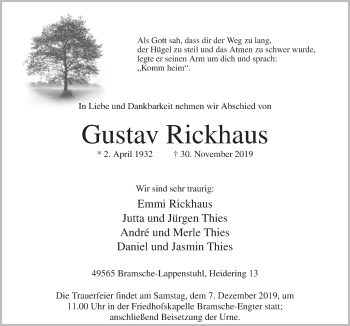 Traueranzeige von Gustav Rickhaus von Neue Osnabrücker Zeitung GmbH & Co. KG
