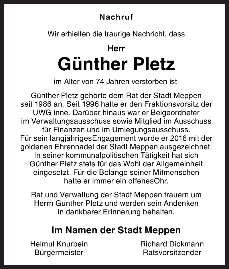  Traueranzeige für Günther Pletz vom 13.12.2019 aus Neue Osnabrücker Zeitung GmbH & Co. KG