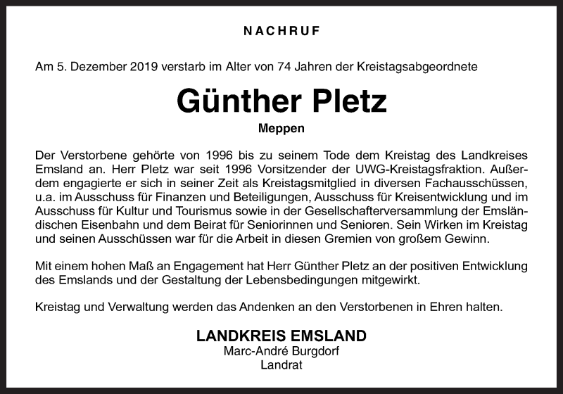  Traueranzeige für Günther Pletz vom 13.12.2019 aus Neue Osnabrücker Zeitung GmbH & Co. KG