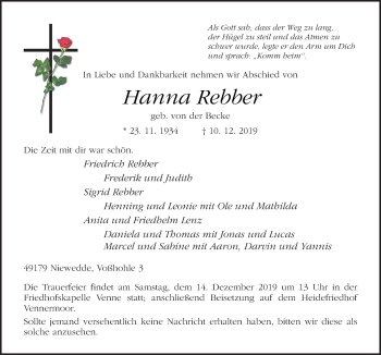 Traueranzeige von Hanna Rebber von Neue Osnabrücker Zeitung GmbH & Co. KG