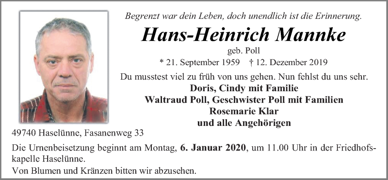  Traueranzeige für Hans-Heinrich Mannke vom 21.12.2019 aus Neue Osnabrücker Zeitung GmbH & Co. KG