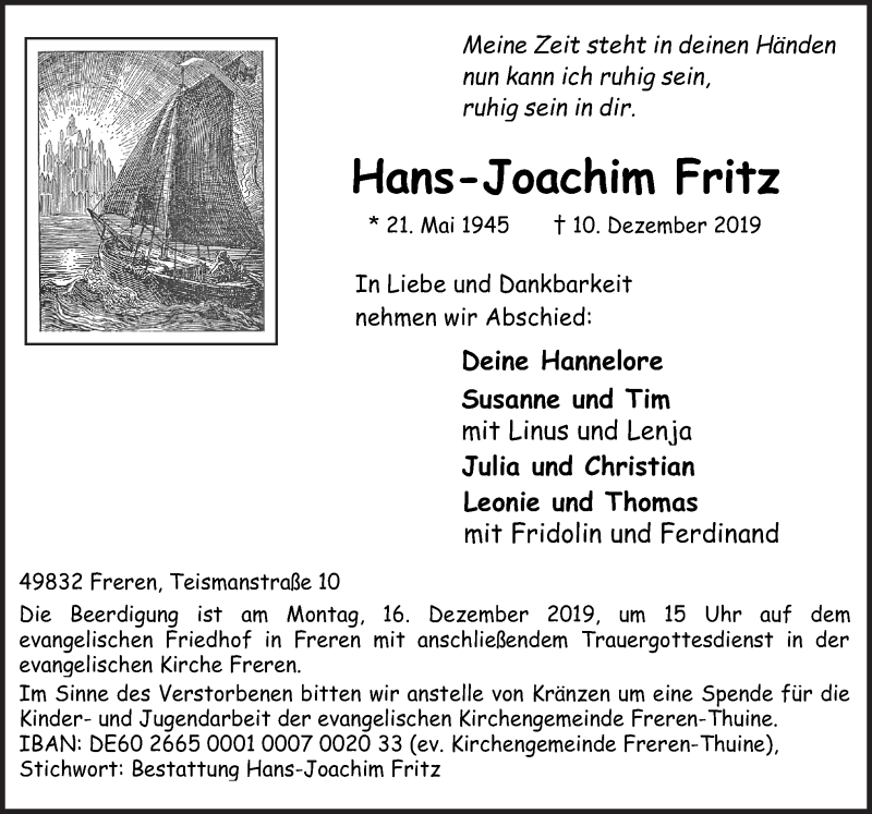  Traueranzeige für Hans-Joachim Fritz vom 13.12.2019 aus Neue Osnabrücker Zeitung GmbH & Co. KG
