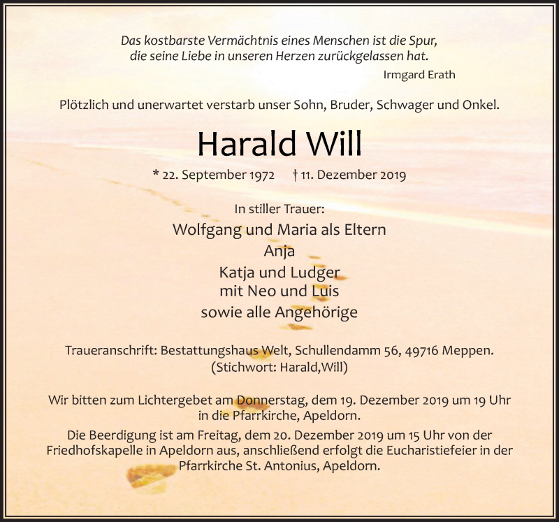  Traueranzeige für Harald Will vom 18.12.2019 aus Neue Osnabrücker Zeitung GmbH & Co. KG