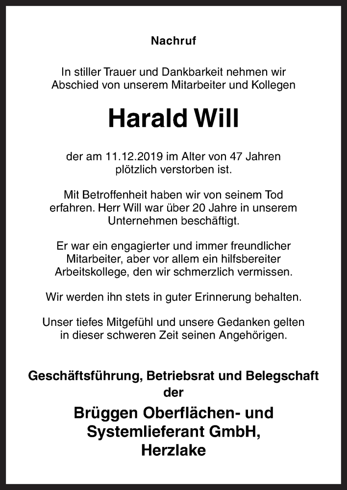  Traueranzeige für Harald Will vom 23.12.2019 aus Neue Osnabrücker Zeitung GmbH & Co. KG