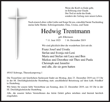 Traueranzeige von Hedwig Trentmann von Neue Osnabrücker Zeitung GmbH & Co. KG