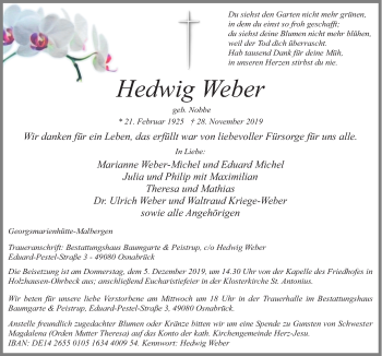 Traueranzeige von Hedwig Weber von Neue Osnabrücker Zeitung GmbH & Co. KG
