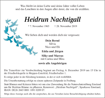 Traueranzeige von Heidrun Nachtigall von Neue Osnabrücker Zeitung GmbH & Co. KG