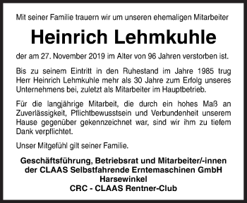 Traueranzeige von Heinrich Lehmkuhle von Neue Osnabrücker Zeitung GmbH & Co. KG