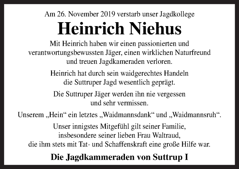  Traueranzeige für Heinrich Niehus vom 02.12.2019 aus Neue Osnabrücker Zeitung GmbH & Co. KG
