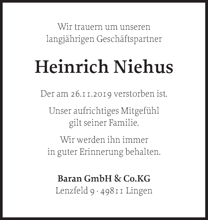  Traueranzeige für Heinrich Niehus vom 03.12.2019 aus Neue Osnabrücker Zeitung GmbH & Co. KG