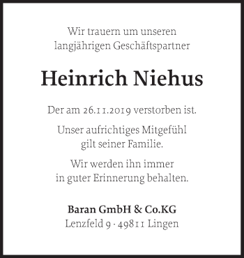 Traueranzeige von Heinrich Niehus von Neue Osnabrücker Zeitung GmbH & Co. KG