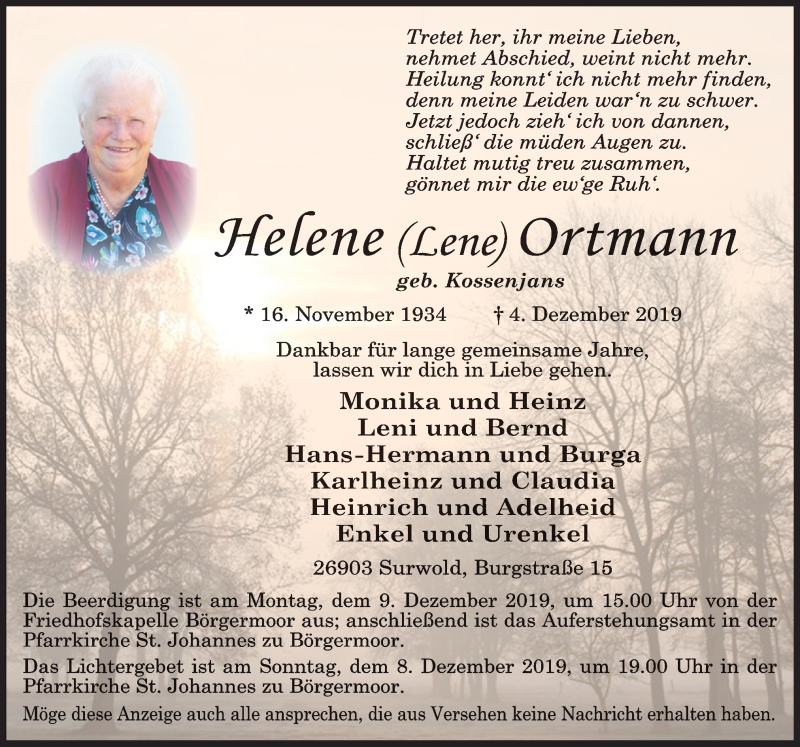  Traueranzeige für Helene Ortmann vom 05.12.2019 aus Neue Osnabrücker Zeitung GmbH & Co. KG