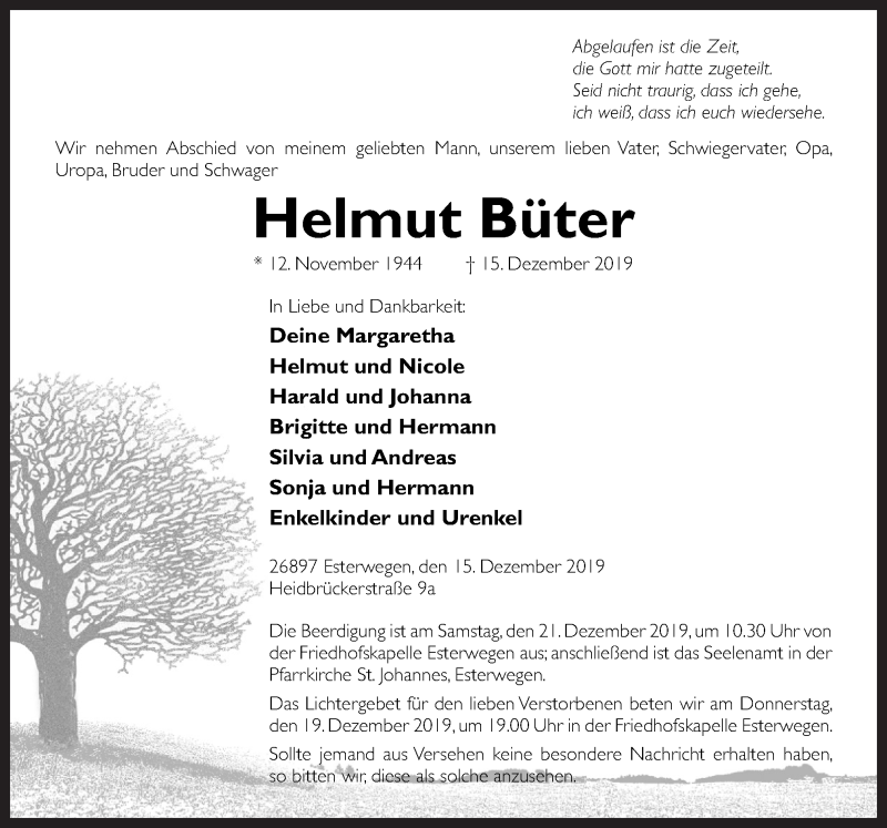  Traueranzeige für Helmut Büter vom 18.12.2019 aus Neue Osnabrücker Zeitung GmbH & Co. KG