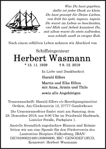 Traueranzeige von Herbert Wasmann von Neue Osnabrücker Zeitung GmbH & Co. KG