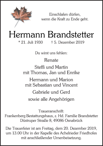 Traueranzeige von Hermann Brandstetter von Neue Osnabrücker Zeitung GmbH & Co. KG