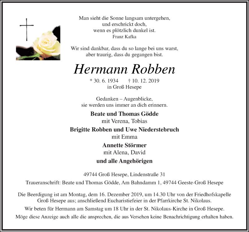  Traueranzeige für Hermann Robben vom 13.12.2019 aus Neue Osnabrücker Zeitung GmbH & Co. KG