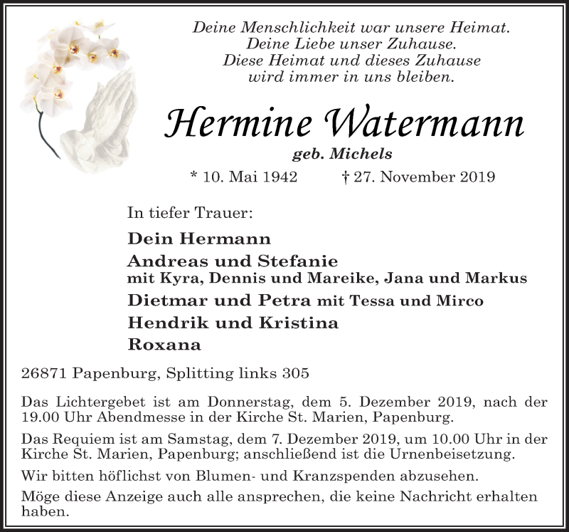  Traueranzeige für Hermine Watermann vom 03.12.2019 aus Neue Osnabrücker Zeitung GmbH & Co. KG