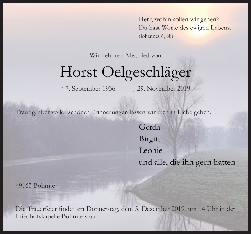  Traueranzeige für Horst Oelgeschläger vom 03.12.2019 aus Neue Osnabrücker Zeitung GmbH & Co. KG