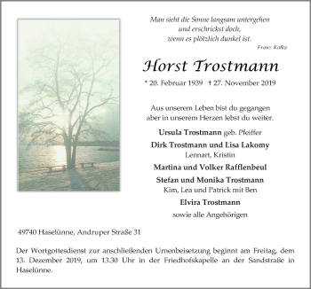 Traueranzeige von Horst Trostmann von Neue Osnabrücker Zeitung GmbH & Co. KG