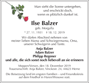 Traueranzeige von Ilse Balzer von Neue Osnabrücker Zeitung GmbH & Co. KG