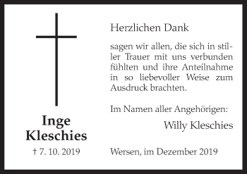 Traueranzeige von Inge Kleschies von Neue Osnabrücker Zeitung GmbH & Co. KG