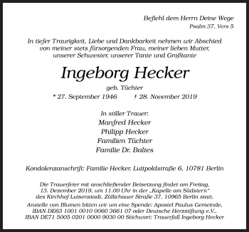 Traueranzeige von Ingeborg Hecker von Neue Osnabrücker Zeitung GmbH & Co. KG