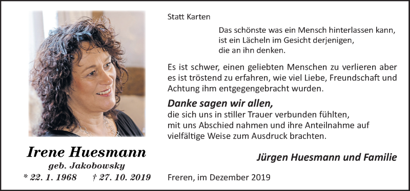  Traueranzeige für Irene Huesmann vom 07.12.2019 aus Neue Osnabrücker Zeitung GmbH & Co. KG