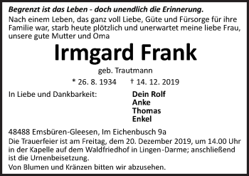 Traueranzeige von Irmgard Frank von Neue Osnabrücker Zeitung GmbH & Co. KG