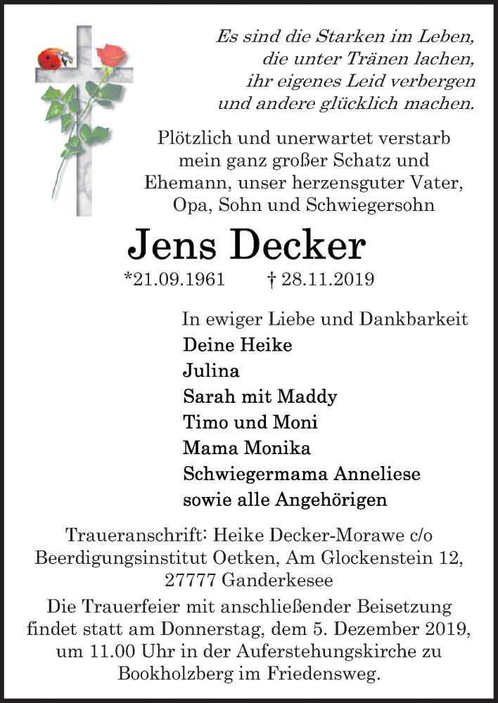  Traueranzeige für Jens Decker vom 04.12.2019 aus Neue Osnabrücker Zeitung GmbH & Co. KG