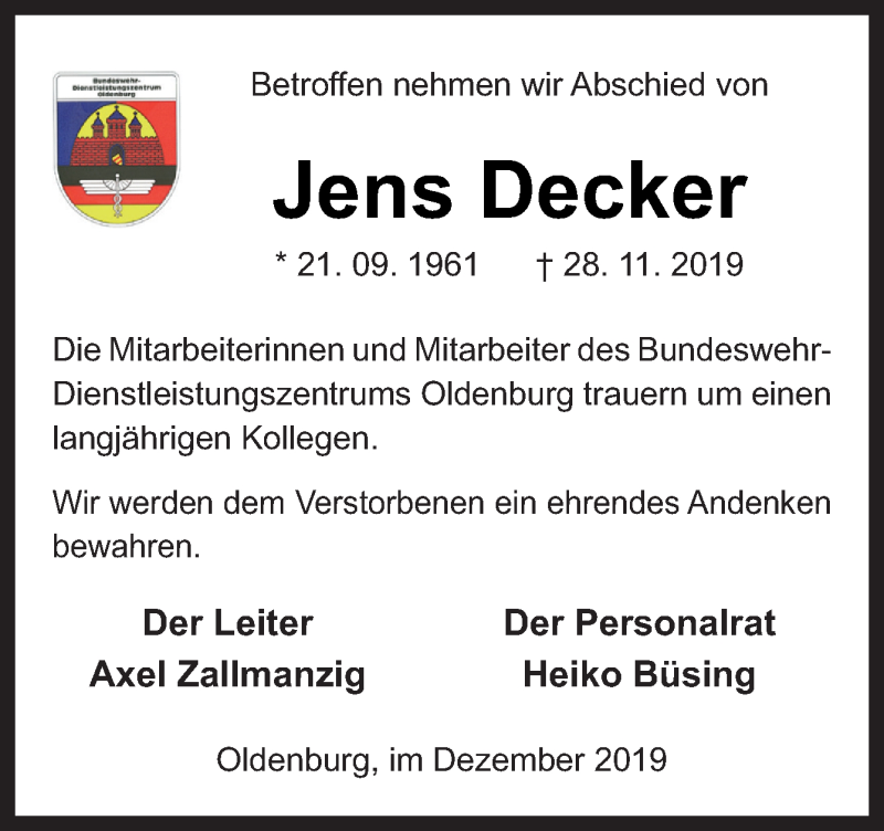  Traueranzeige für Jens Decker vom 04.12.2019 aus Neue Osnabrücker Zeitung GmbH & Co. KG