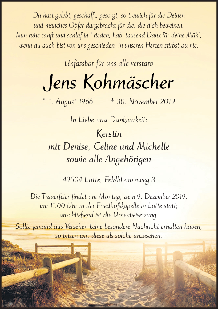  Traueranzeige für Jens Kohmäscher vom 05.12.2019 aus Neue Osnabrücker Zeitung GmbH & Co. KG