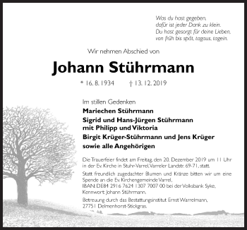 Traueranzeige von Johann Stührmann von Neue Osnabrücker Zeitung GmbH & Co. KG