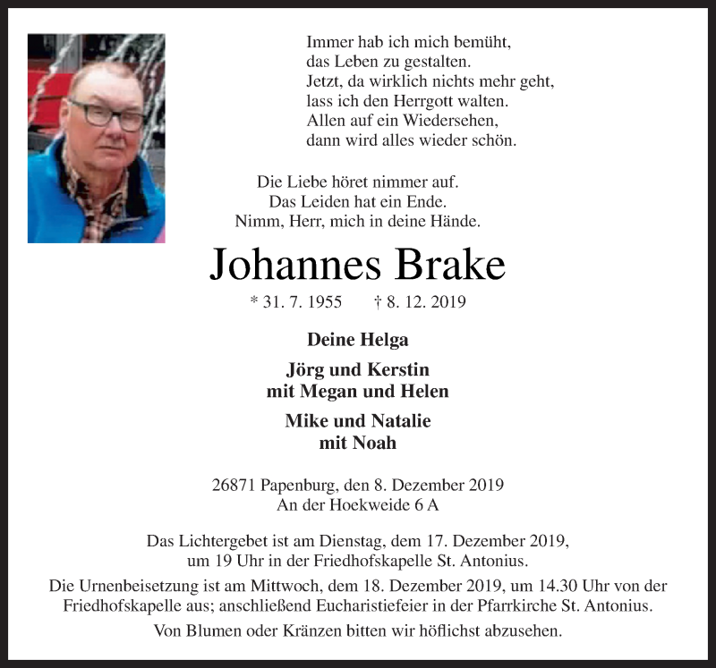  Traueranzeige für Johannes Brake vom 13.12.2019 aus Neue Osnabrücker Zeitung GmbH & Co. KG