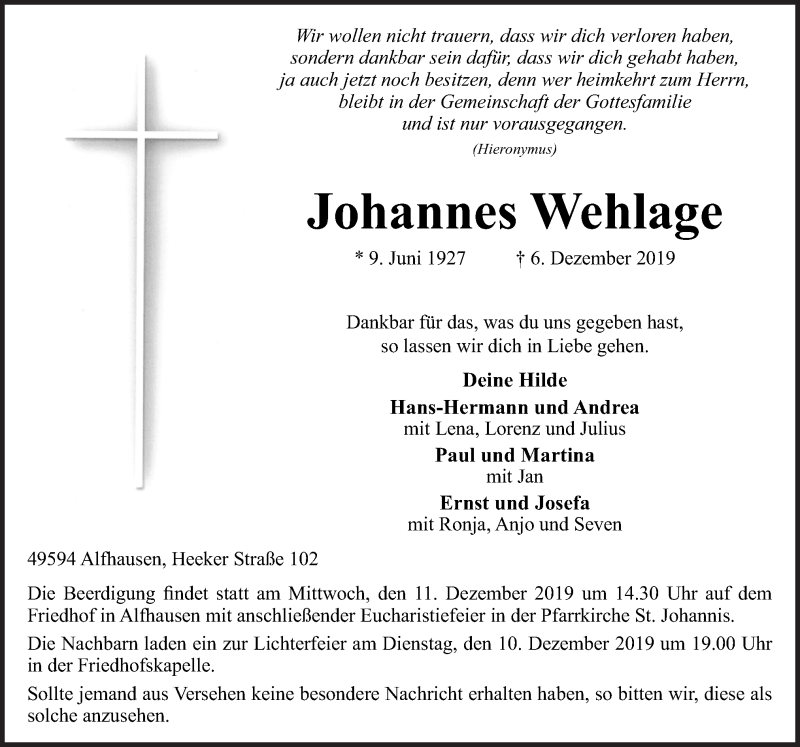  Traueranzeige für Johannes Wehlage vom 09.12.2019 aus Neue Osnabrücker Zeitung GmbH & Co. KG