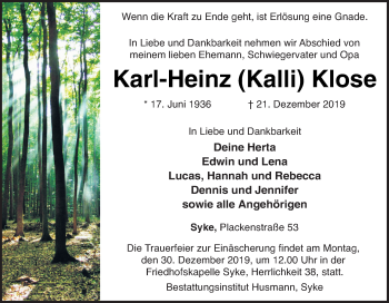 Traueranzeige von Karl-Heinz Klose von Neue Osnabrücker Zeitung GmbH & Co. KG