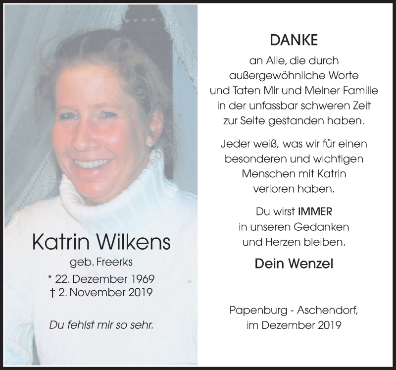  Traueranzeige für Katrin Wilkens vom 21.12.2019 aus Neue Osnabrücker Zeitung GmbH & Co. KG