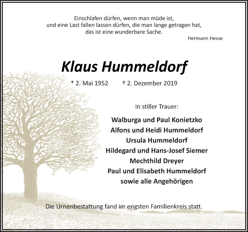  Traueranzeige für Klaus Hummeldorf vom 14.12.2019 aus Neue Osnabrücker Zeitung GmbH & Co. KG