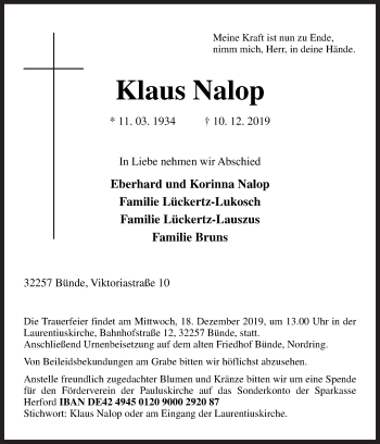 Traueranzeige von Klaus Nalop von Neue Osnabrücker Zeitung GmbH & Co. KG