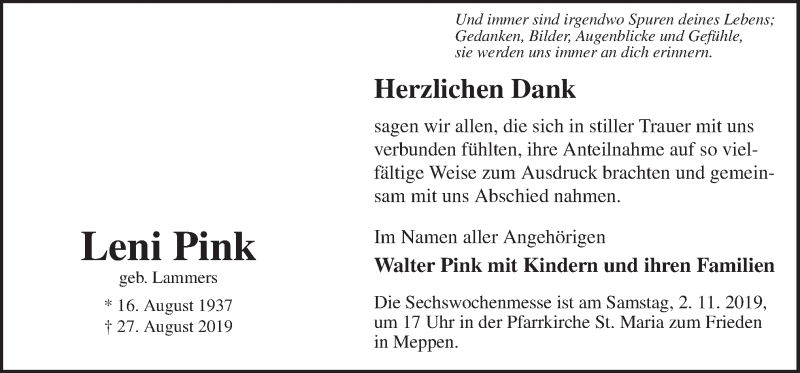  Traueranzeige für Leni Pink vom 11.12.2019 aus Neue Osnabrücker Zeitung GmbH & Co. KG
