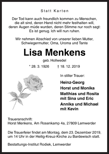 Traueranzeige von Lisa Menkens von Neue Osnabrücker Zeitung GmbH & Co. KG