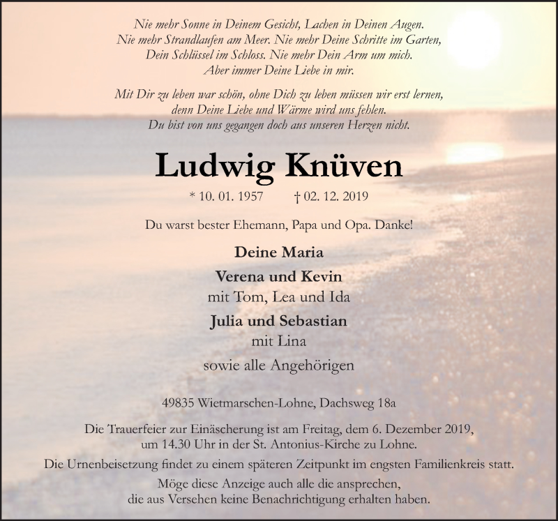  Traueranzeige für Ludwig Knüven vom 04.12.2019 aus Neue Osnabrücker Zeitung GmbH & Co. KG
