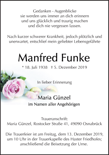 Traueranzeige von Manfred Funke von Neue Osnabrücker Zeitung GmbH & Co. KG