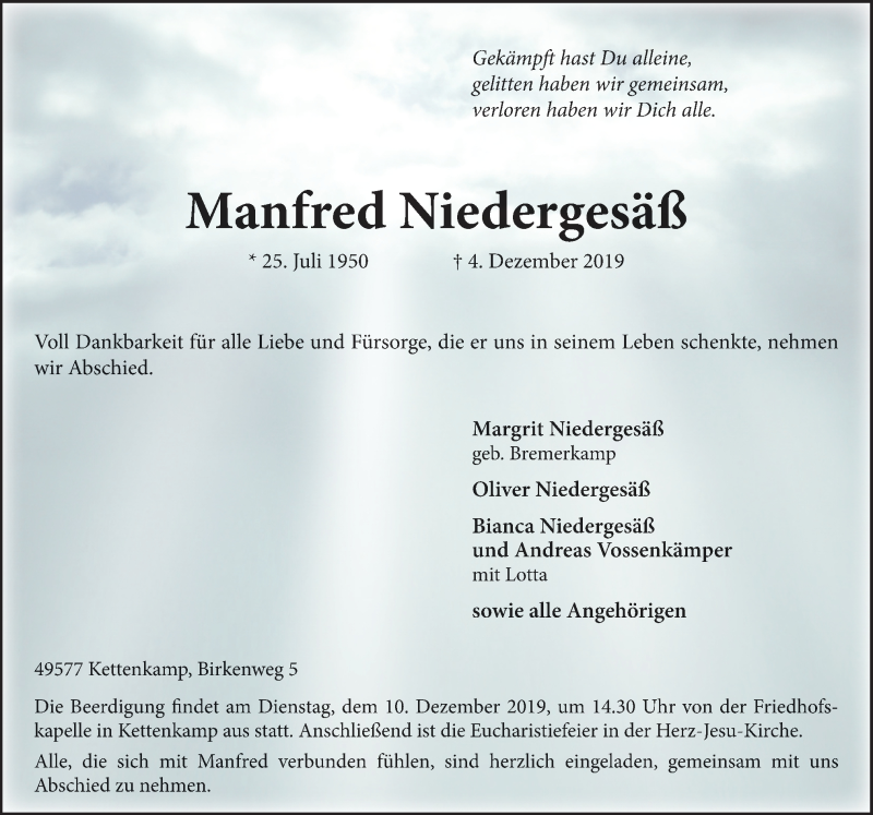  Traueranzeige für Manfred Niedergesäß vom 07.12.2019 aus Neue Osnabrücker Zeitung GmbH & Co. KG