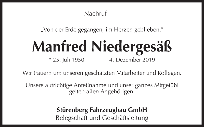  Traueranzeige für Manfred Niedergesäß vom 10.12.2019 aus Neue Osnabrücker Zeitung GmbH & Co. KG